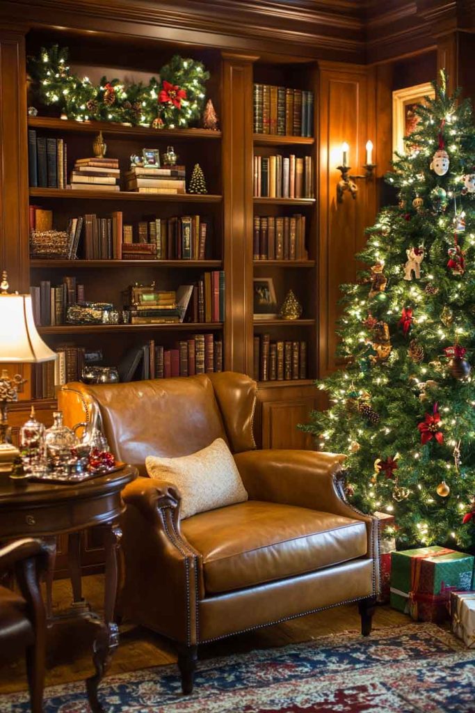 Traditional Home Library with Classic Christmas Elegance