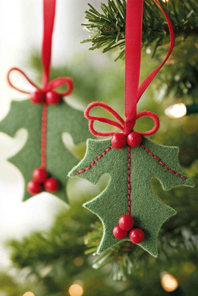 Felt Holly Leaf and Berry Ornaments