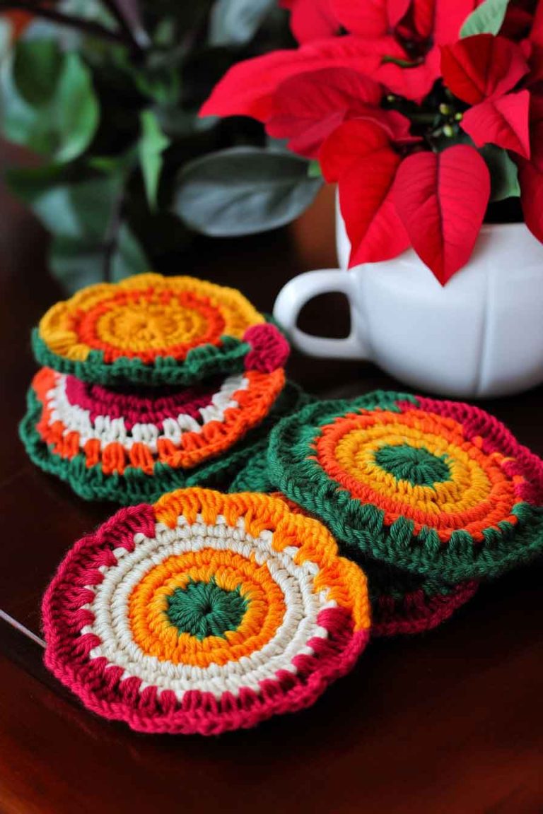 Knitted or Crocheted Coasters with Festive Colors