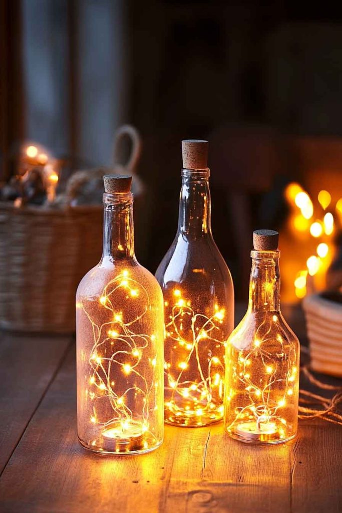 Decorated Glass Bottles with Fairy Lights