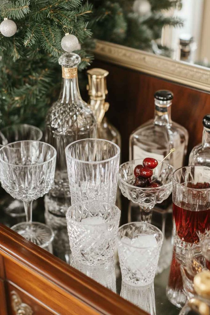 Bar Cart Styled as Vintage Christmas Cocktail Station