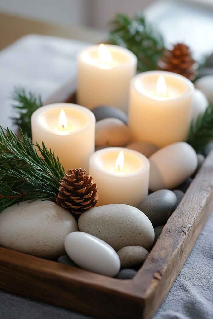 Stone and Candle Winter Centerpiece