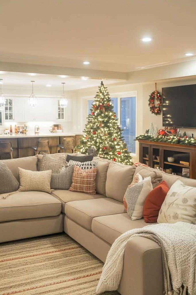 Festive Basement Family Room with Entertainment Focus