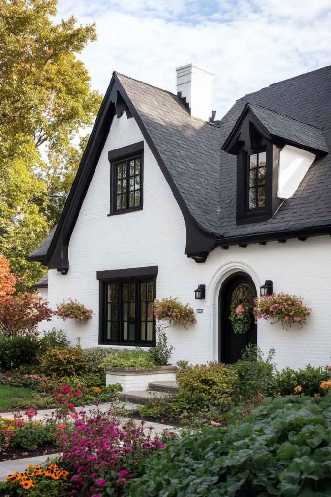 Whitewashed Cottage with Dark Trim