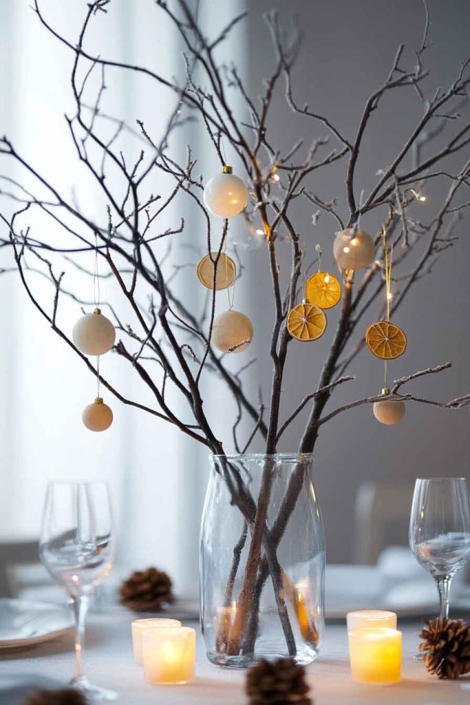 Bare Branch Centerpiece with Hanging Ornaments