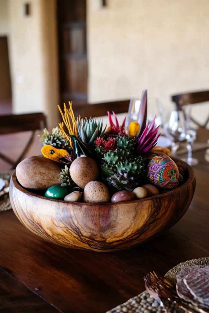 Carved Wooden Bowl with Natural Elements