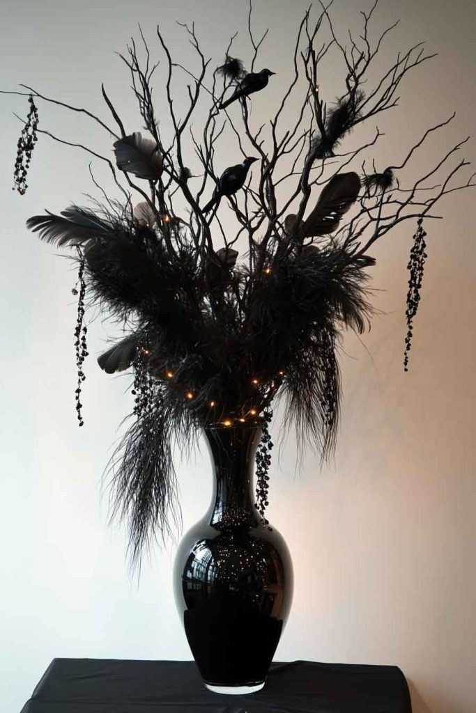 Dramatic Black Feather and Branch Arrangement