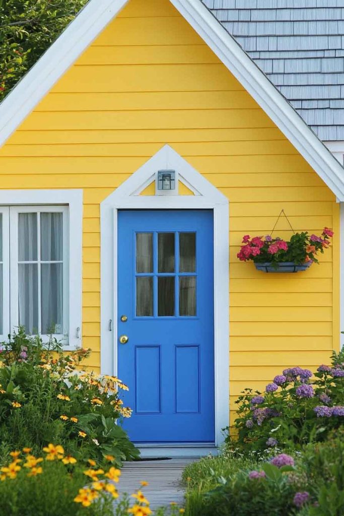 Cottage with Blue Door and Yellow Walls