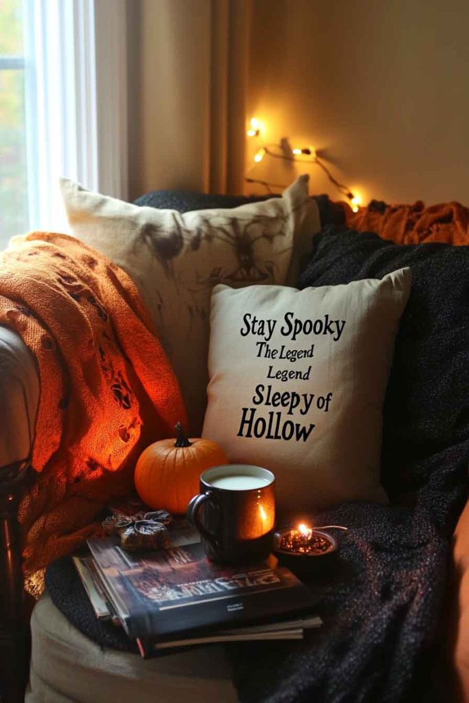 Cozy Reading Nook with Halloween Ambiance