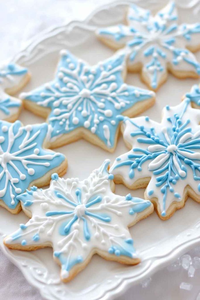 Snowflake Cookies with Blue and White Icing
