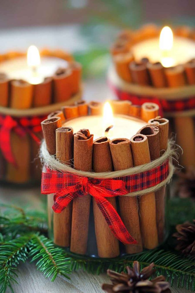 Cinnamon Stick Candle Holders with Ribbon