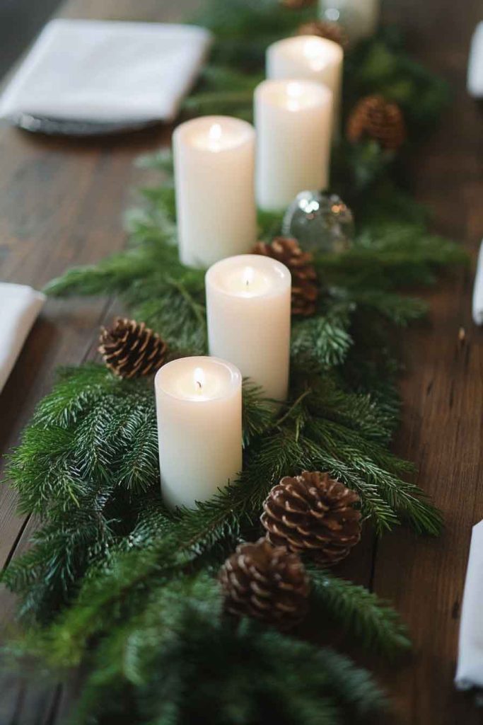 Farmhouse Table Centerpiece with Candles and Greenery