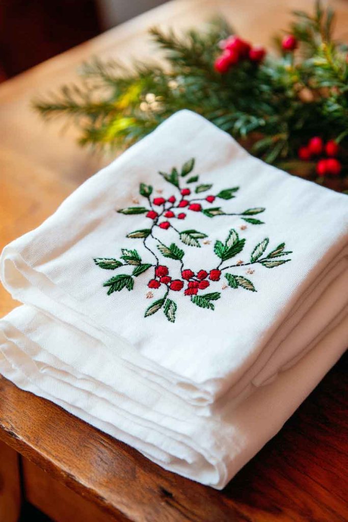 Embroidered Tea Towels with Holiday Designs
