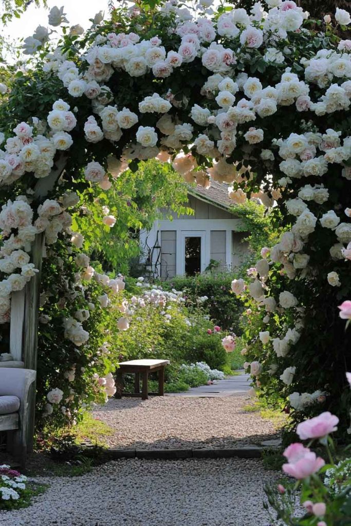 Cottage with Rambling Rose Arbor