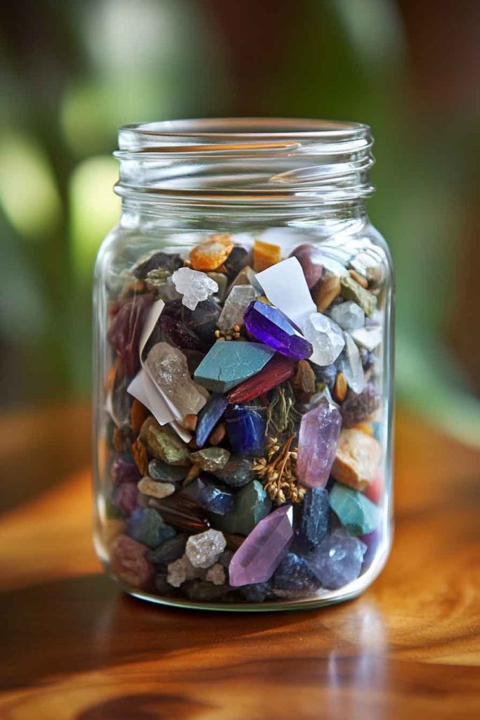 Intention Jar with Written Goals and Crystals