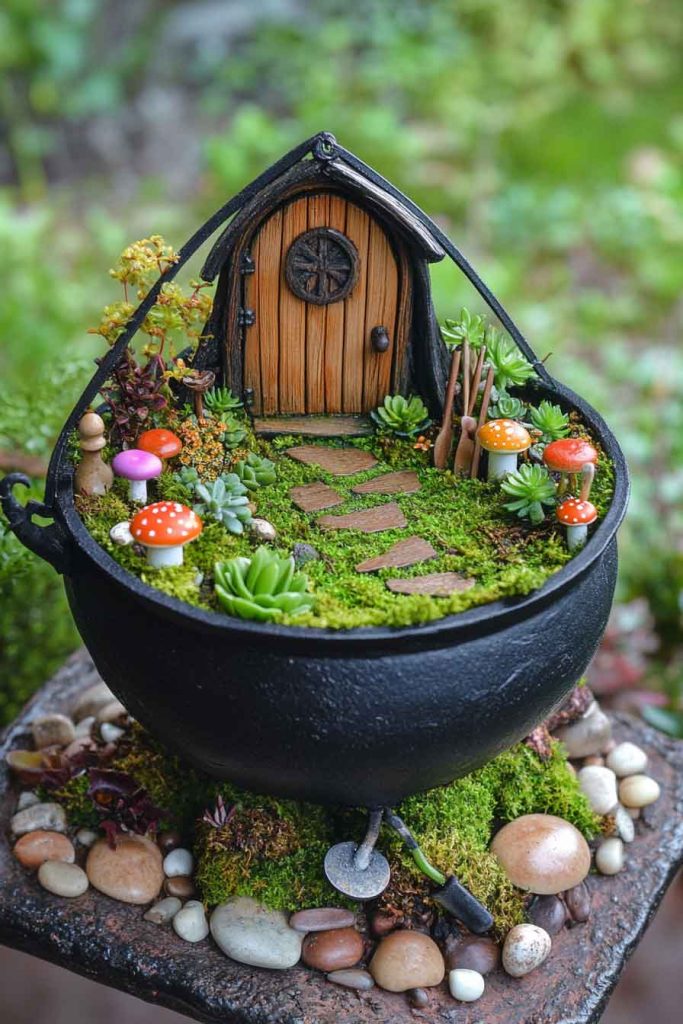 Miniature Fairy Garden Cauldron with Moss