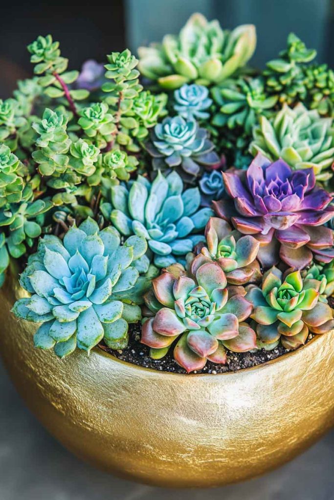Gold-Painted Cauldron with Succulent Arrangement
