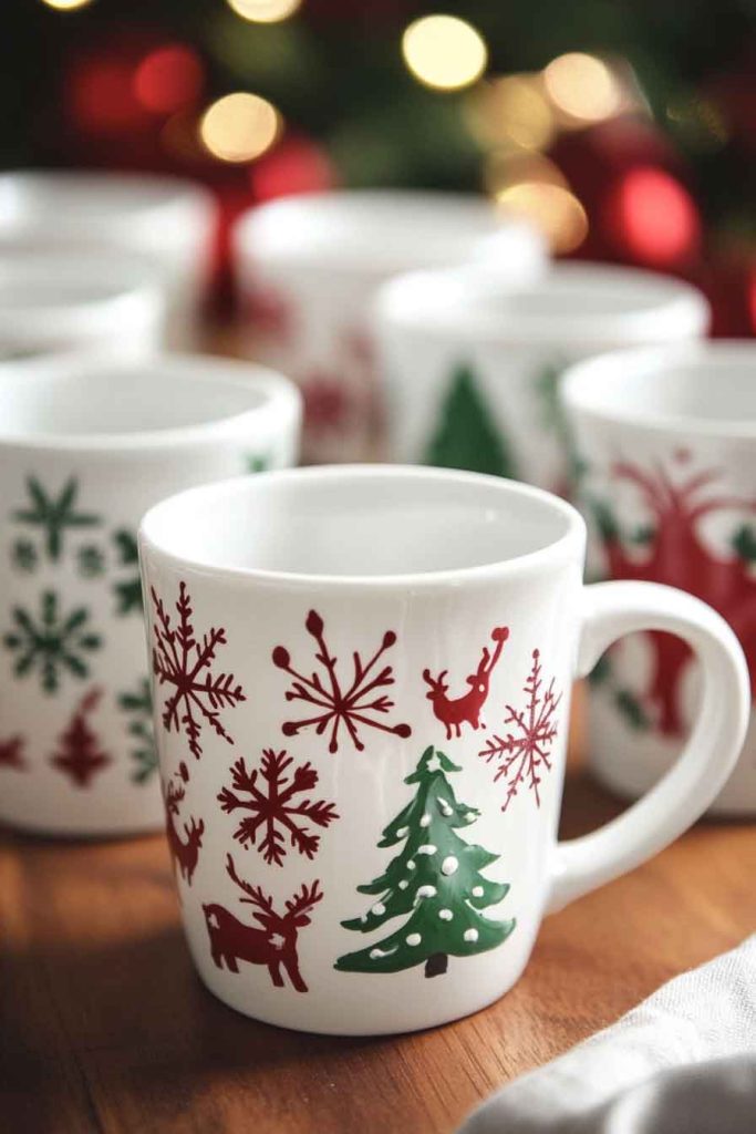 Hand-Painted Ceramic Mugs with Holiday Designs
