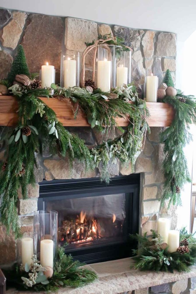 Stone Fireplace Mantel with Greenery Garland