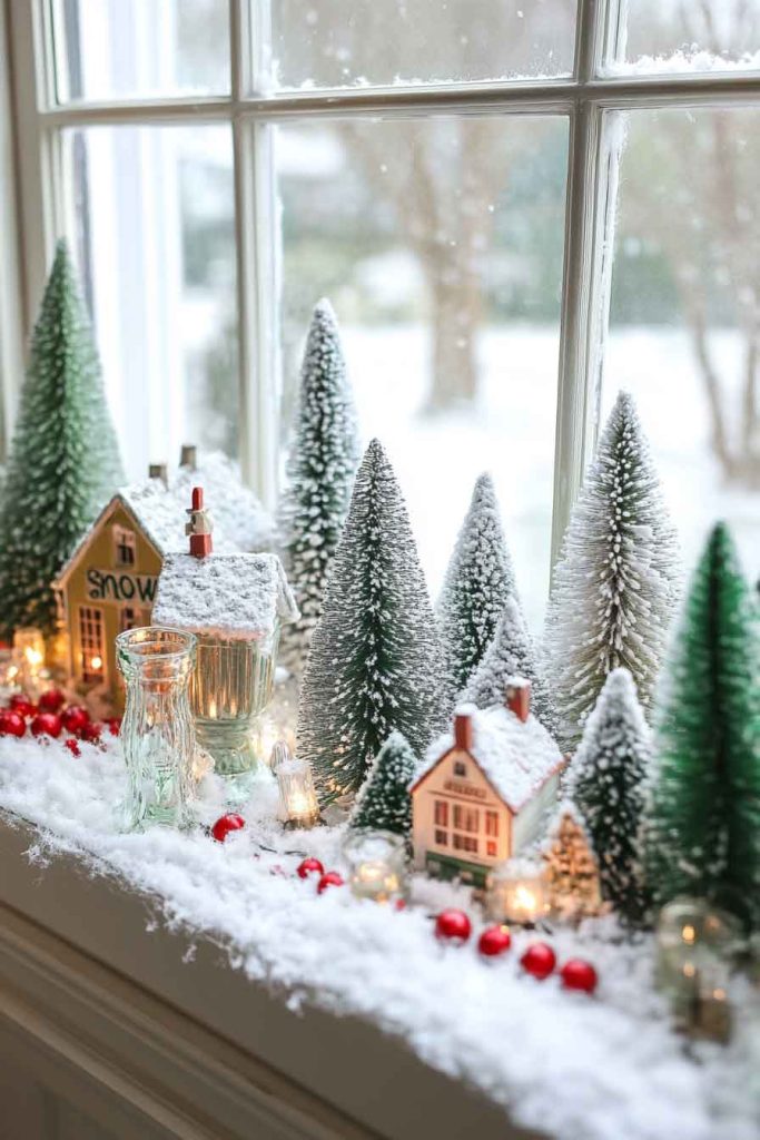 Window Display with Vintage Bottle Brush Trees