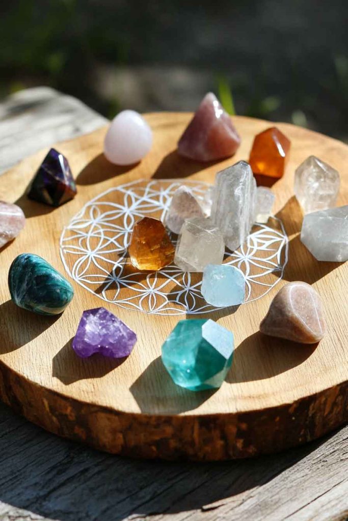 Crystal Grid Display on Wooden Board
