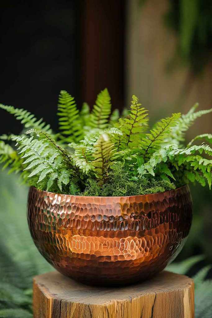 Copper-Painted Cauldron with Fern Display