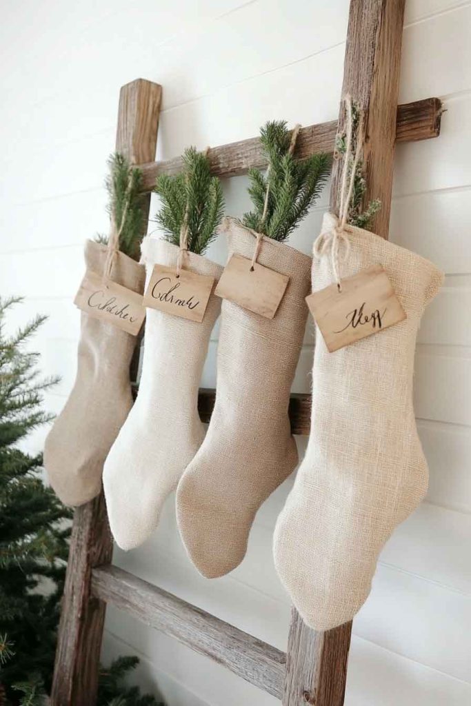 Burlap Stockings Hung on Wooden Ladder