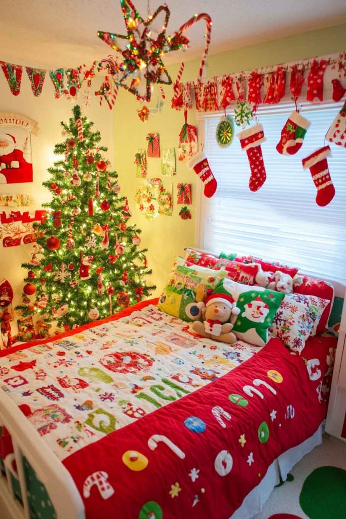 Children's Bedroom with Colorful and Playful Christmas Decor