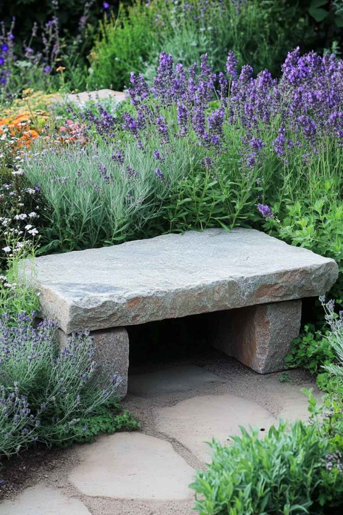Stone Garden Bench with Herb Border