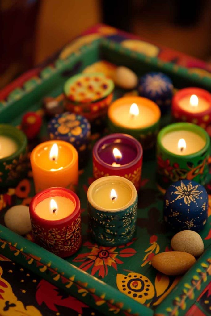 Painted Wooden Tray with Candles