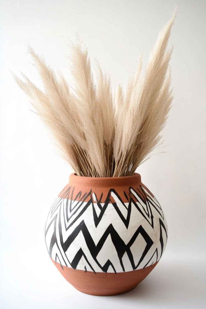 Painted Terracotta Cauldron with Geometric Patterns