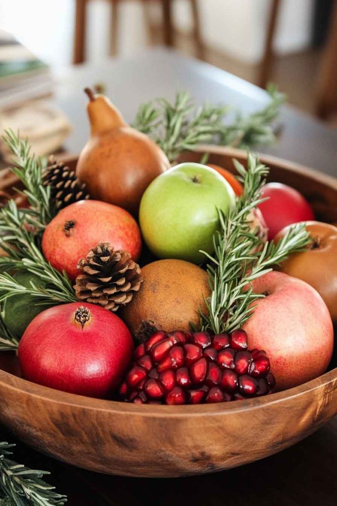 Wooden Bowl Filled with Seasonal Fruits