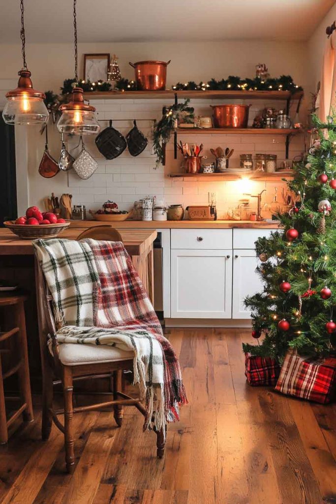 cozy cottage kitchen is filled with Christmas warmth and charm