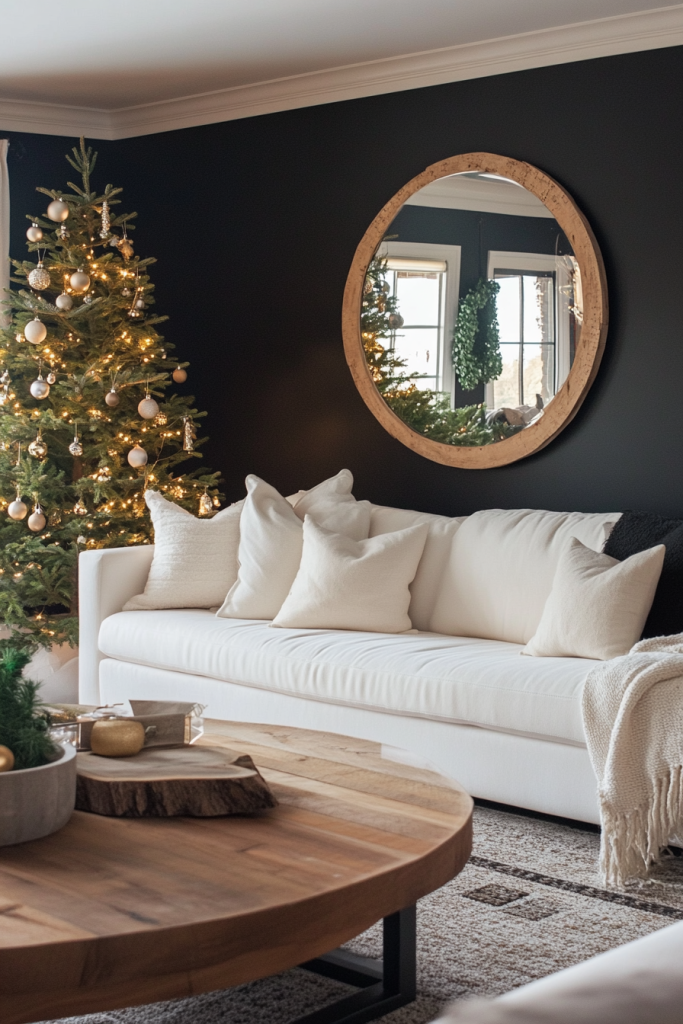 This living room shows a modern take on cottage Christmas style