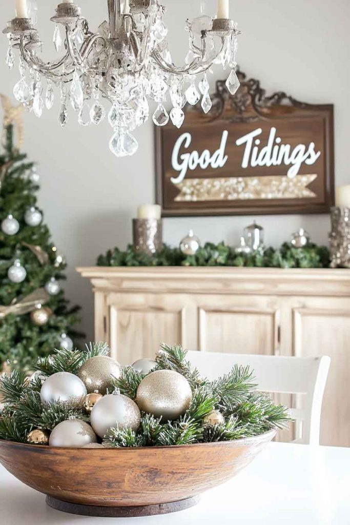 This image shows a bright and elegant dining room decorated in a cottage Christmas style