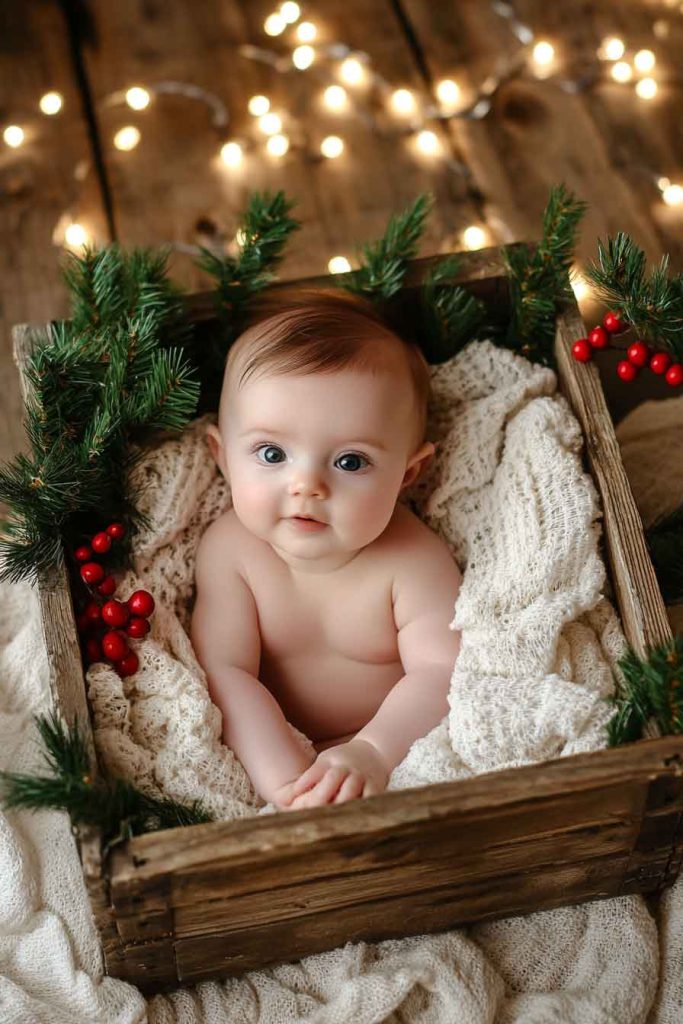 Rustic Wooden Crate with Pine Branches