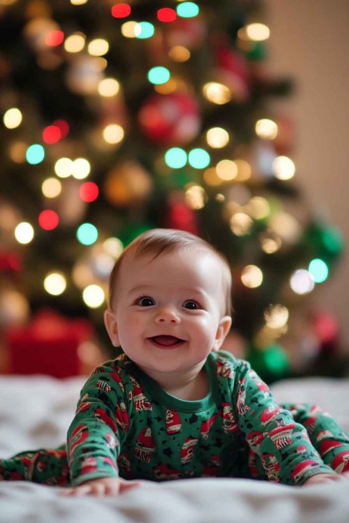 Pajama-Clad Baby with Christmas Tree Backdrop