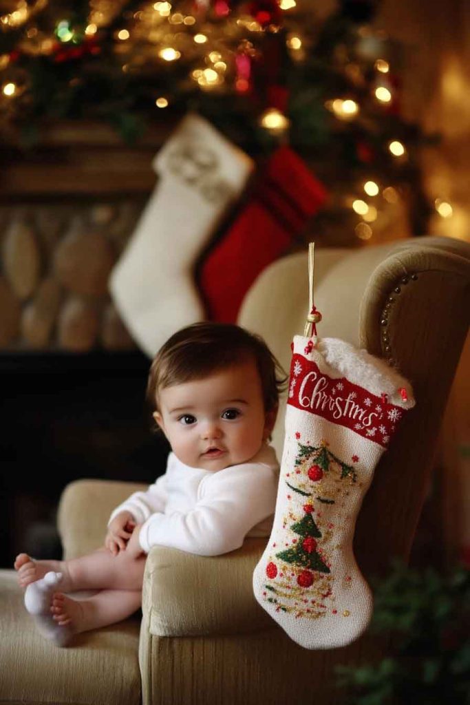Baby with Personalized Christmas Stocking