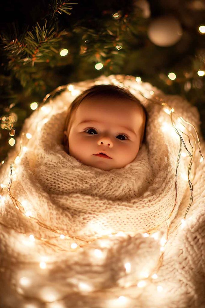 Baby in Christmas Light Cocoon