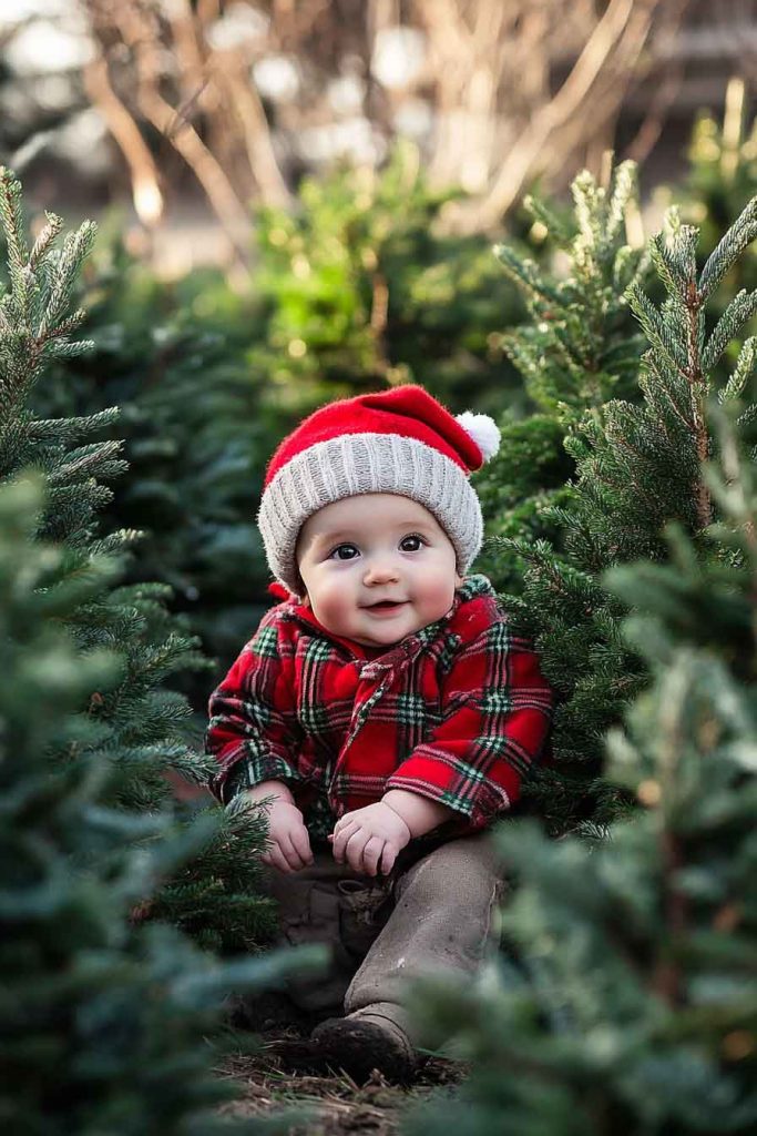 Baby in Christmas Tree Farm Setting