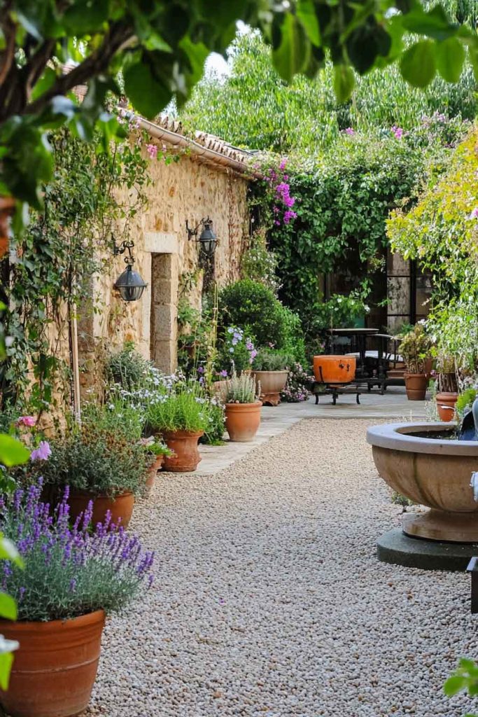 Mediterranean Courtyard Garden with Stone Walls