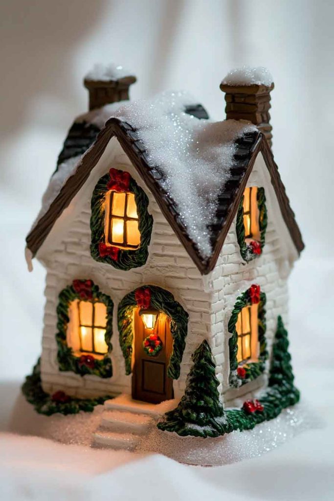 This image shows a charming miniature Christmas house that looks like a cozy cottage inn
