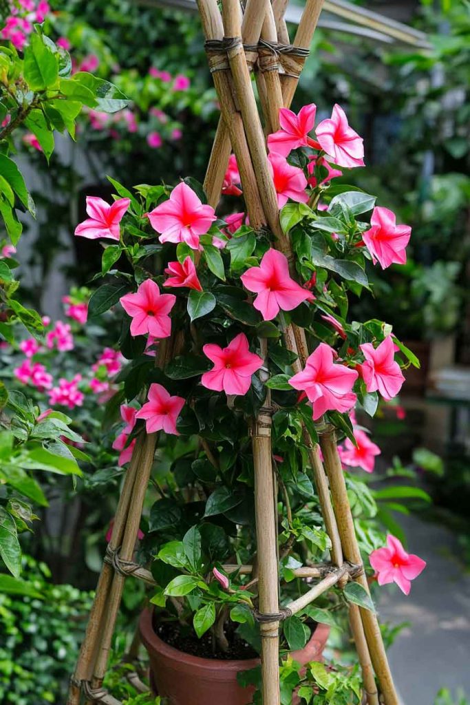 Flowering Mandevilla on a Bamboo Tepee