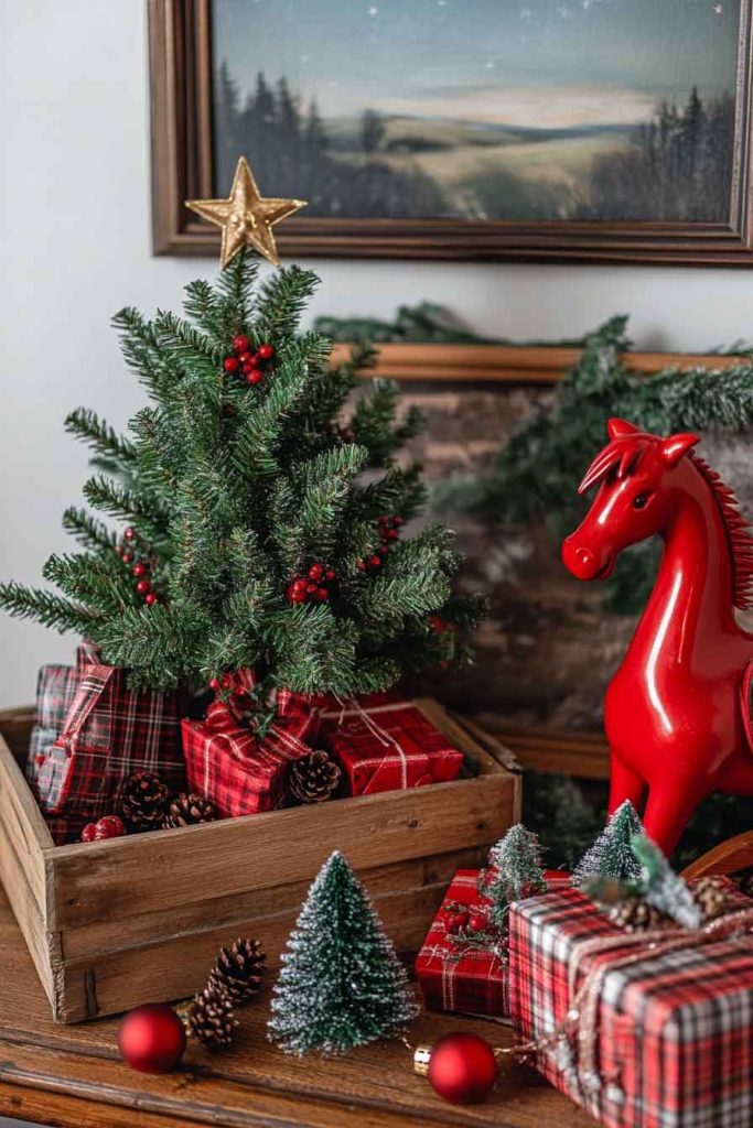 This image shows a cozy cottage-style Christmas corner full of charm