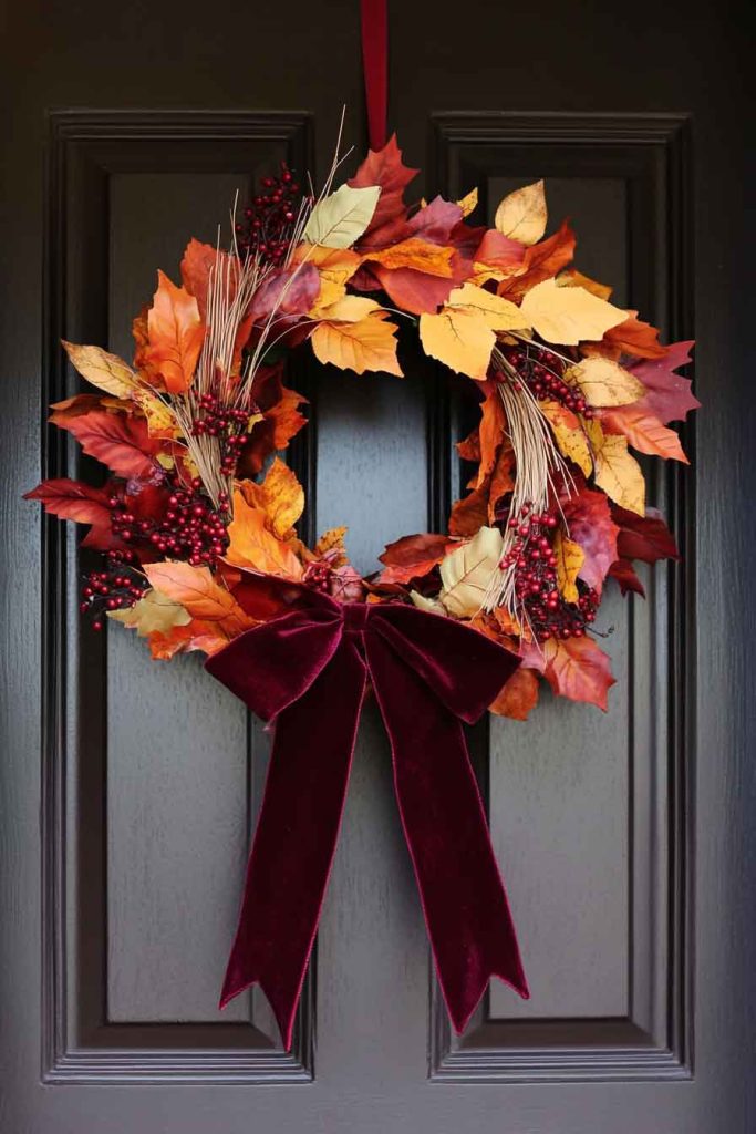 Classic Autumn Leaves Wreath with Burgundy Ribbon