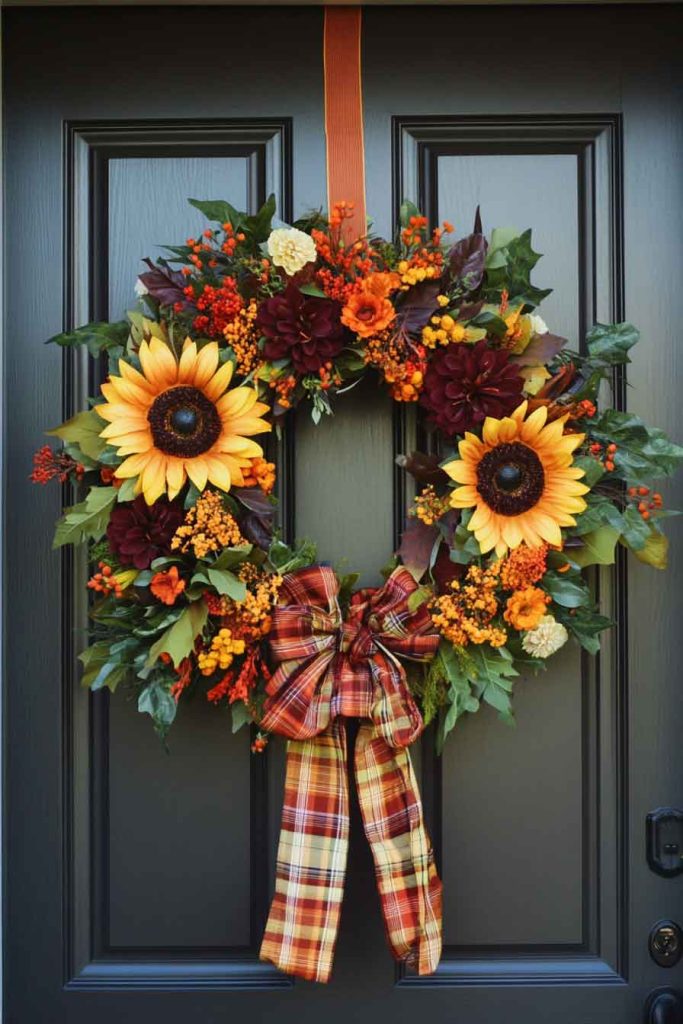 Abundant Sunflower Wreath with Fall Blooms