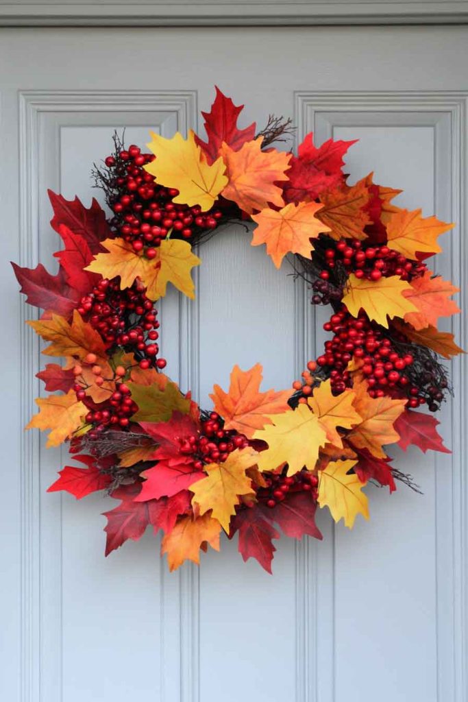 Colorful Maple Leaf Wreath with Berry Clusters