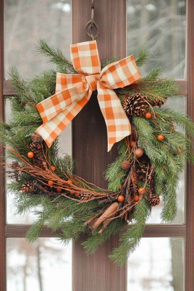 Cozy Plaid Ribbon Wreath with Pine Accents