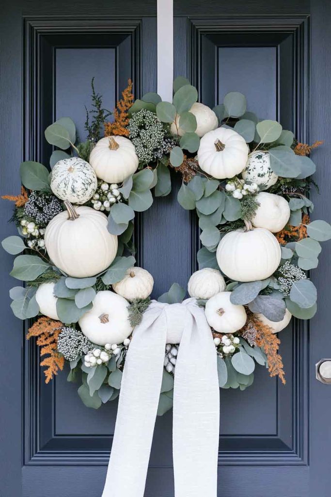 Elegant White Pumpkin Wreath with Greenery