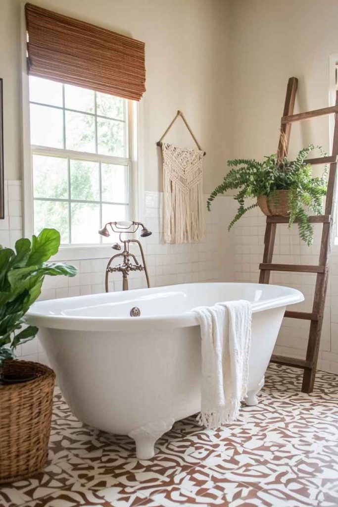 Spacious Boho Bathroom with Freestanding Tub